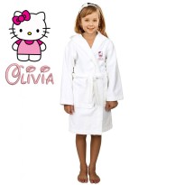 Cute Cat Cartoon Design & Custom Name Embroidery on Kids Hooded Bathrobe